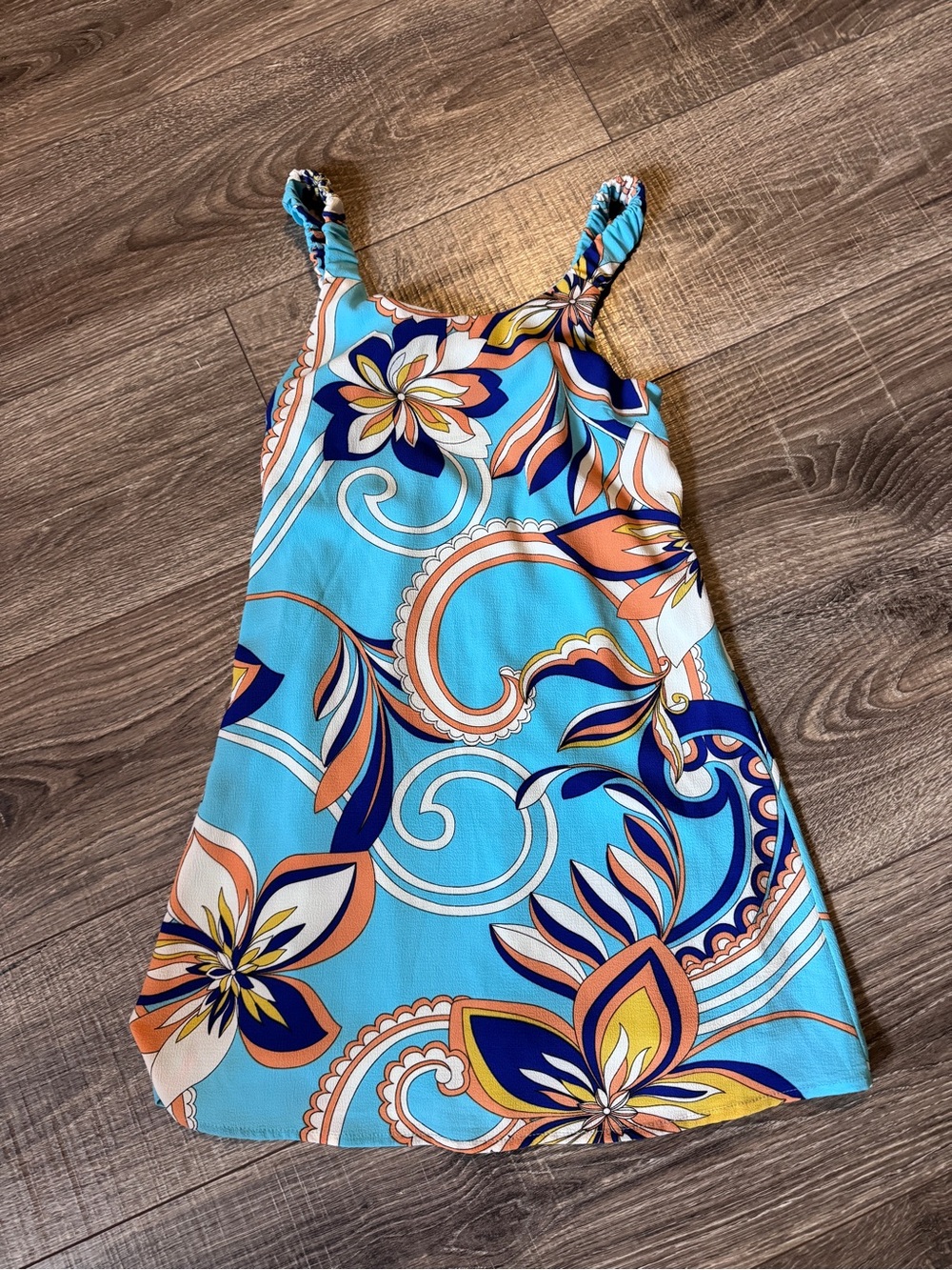 Xhilaration Turquoise Floral A-Line Sundress with Navy & Orange Accents